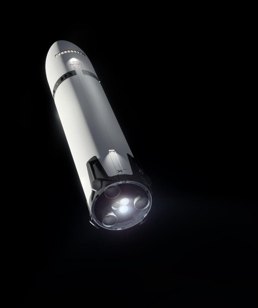 Konseptillustrasjon av SpaceX Starship med Raptor-motorer tent under landing