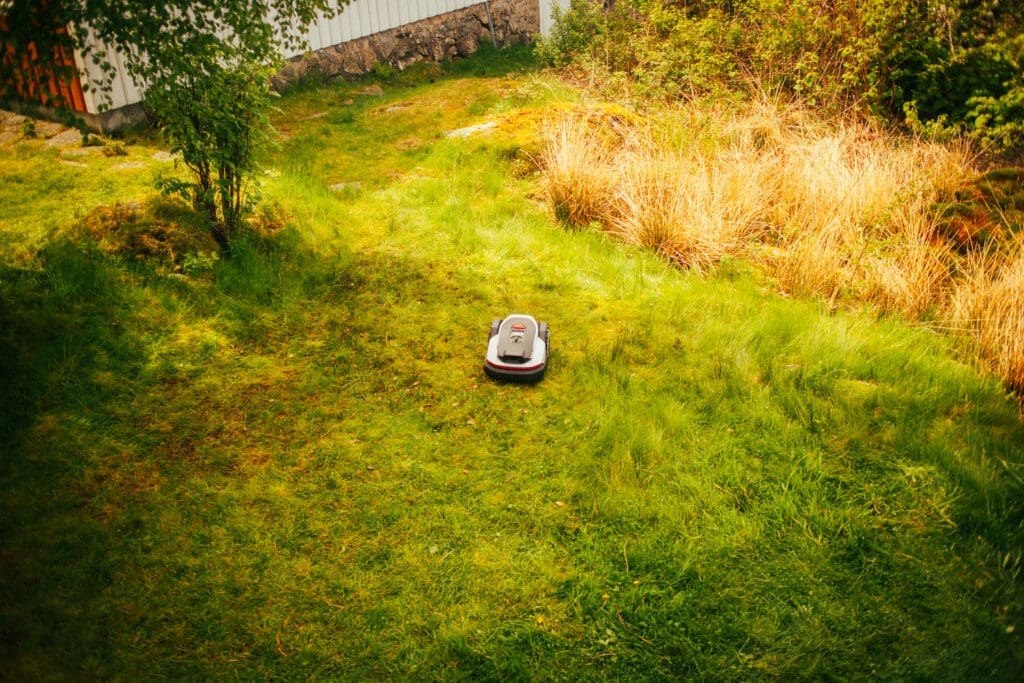 Roborock RockNeo Q110 på gresset utenfor hytta.